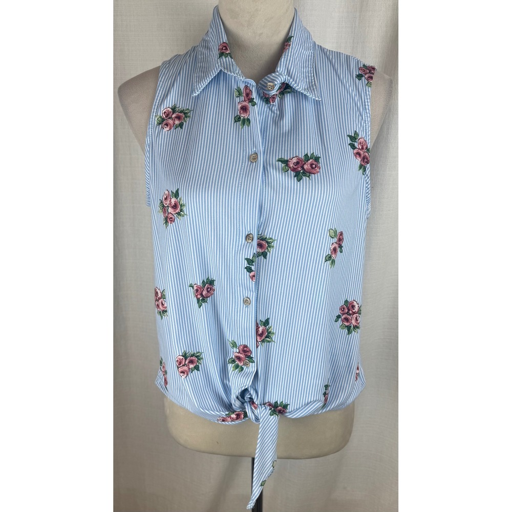 Polly & Esther Womens Blue White Stripe Rose Floral Tie Front Top XL PK19507